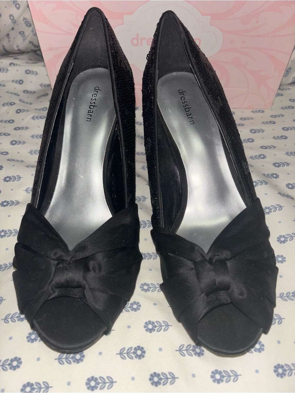 dressbarn Black Satin Peep-Toe Sequin Pumps with Bow